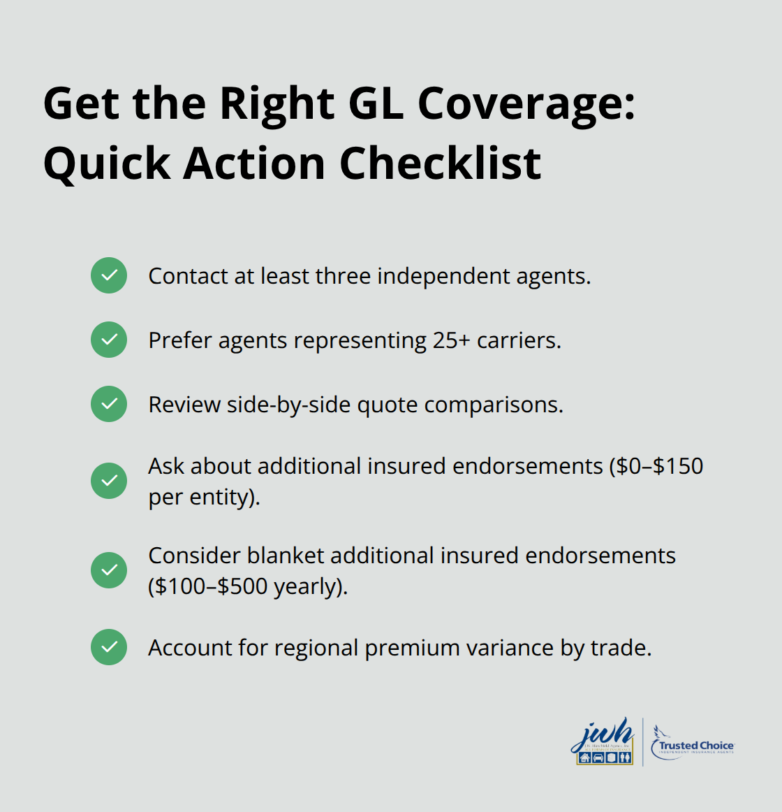 Checkmark list of steps contractors should take to get the right general liability coverage and endorsements. - Contractor general liability insurance