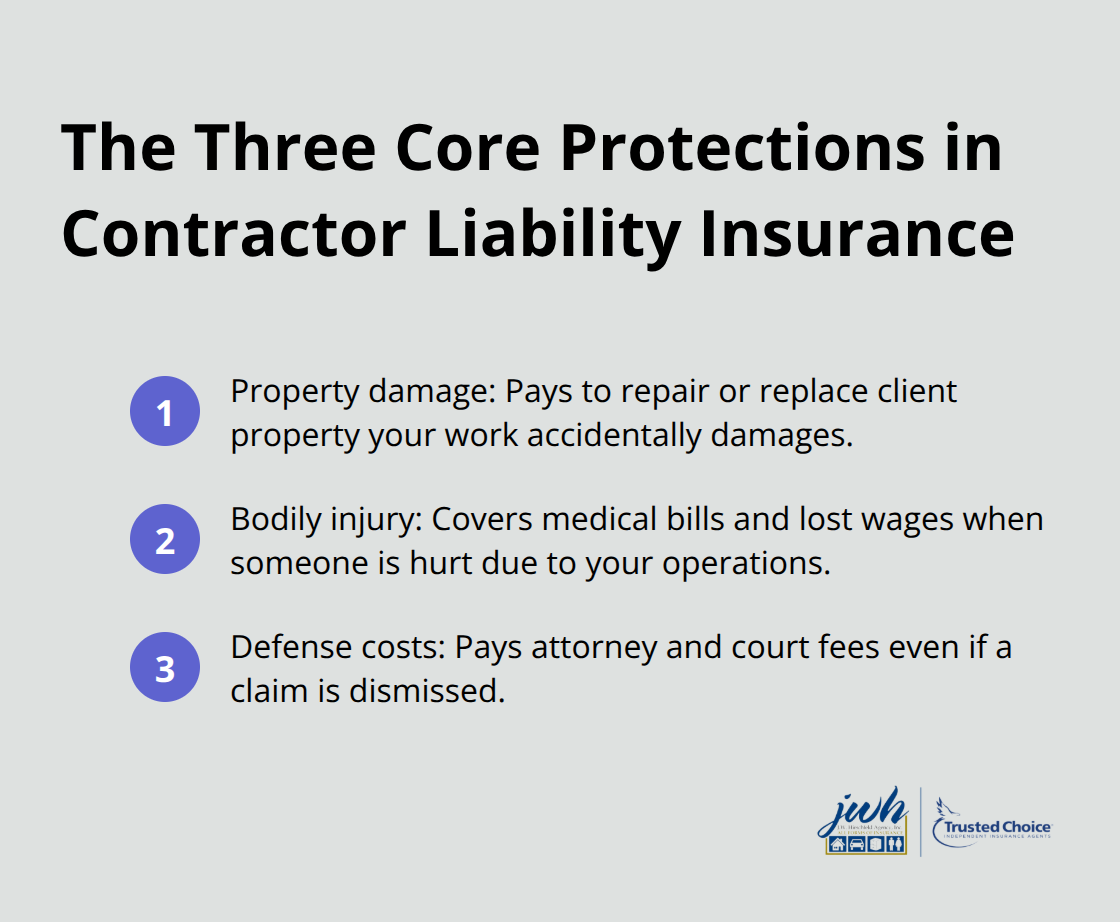 Three core protections contractors get from liability insurance: property damage, bodily injury, and defense costs.