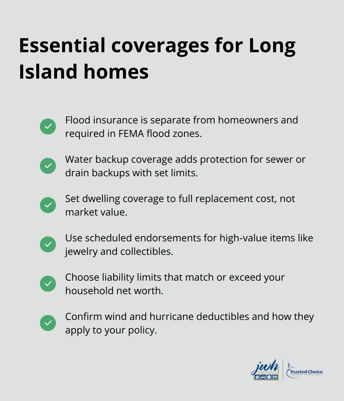 Checklist of key homeowners insurance coverages Long Island properties often need - Homeowners insurance quotes LI