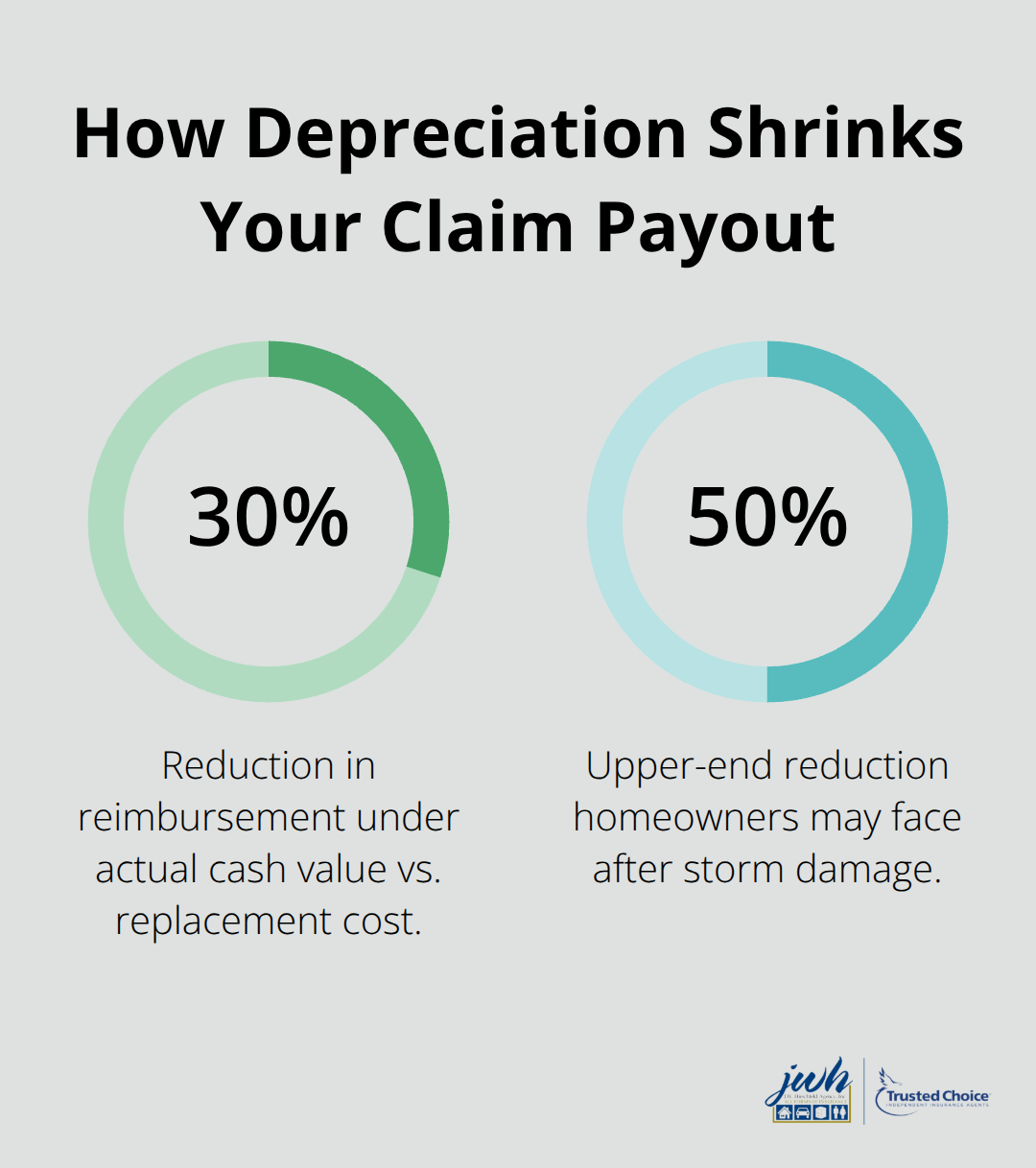 Bar chart showing 30% to 50% reductions from depreciation under actual cash value policies. - Huntington NY home insurance
