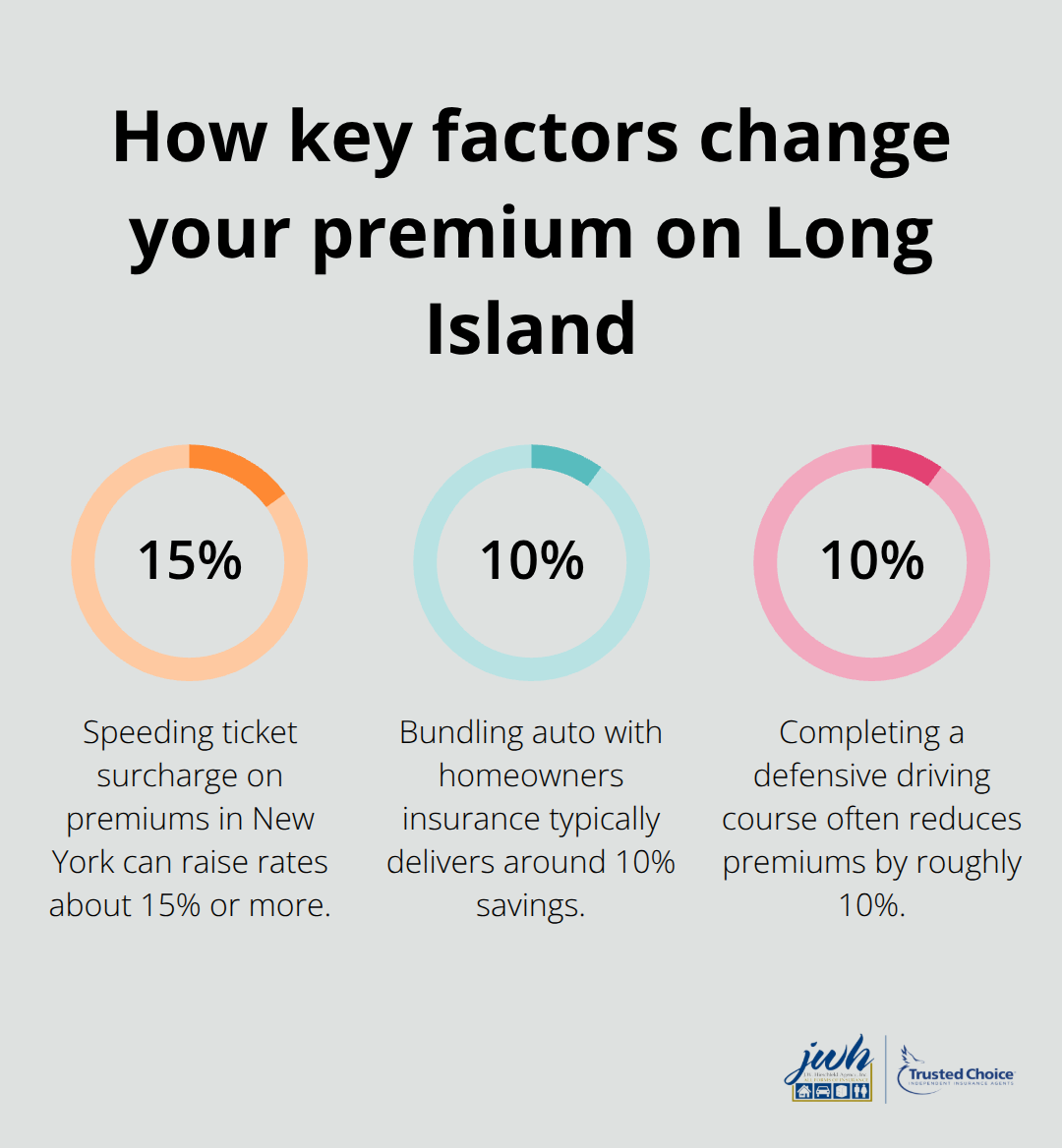 Percentage impacts on Long Island auto insurance premiums from speeding tickets and common discounts. - Long Island auto coverage