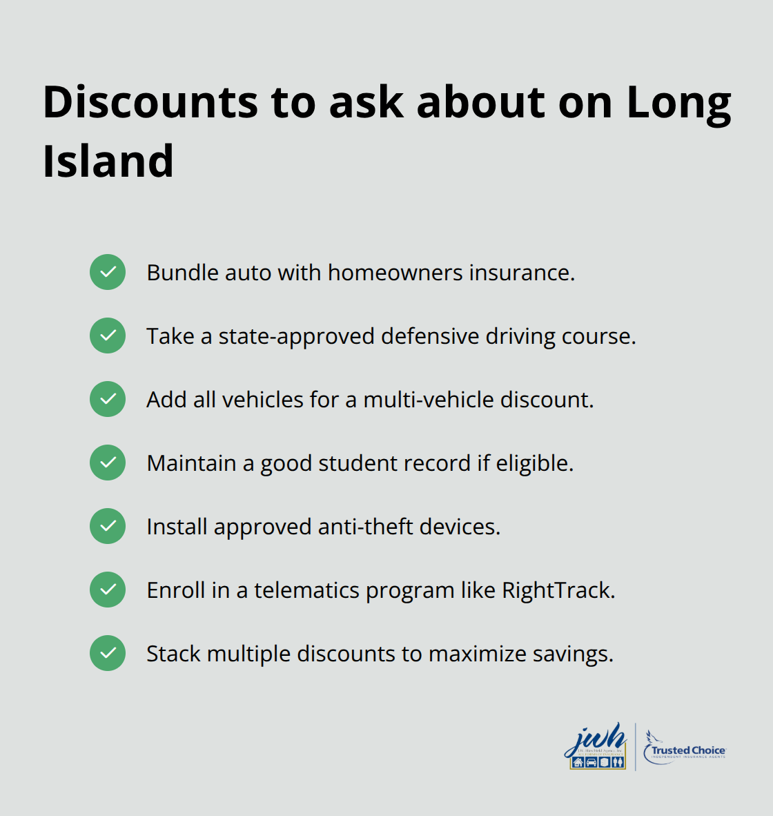 Checklist of common Long Island auto insurance discounts to explore.